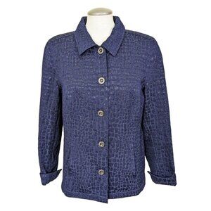 Chicos 2 Blazer Jacket Womens Large Navy Blue Metallic Textured Pockets Lined